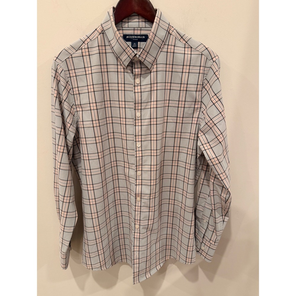 Mizzen+Main Leeward Trim Fit Performance Dress Shirt Gray Plaid Mens Medium